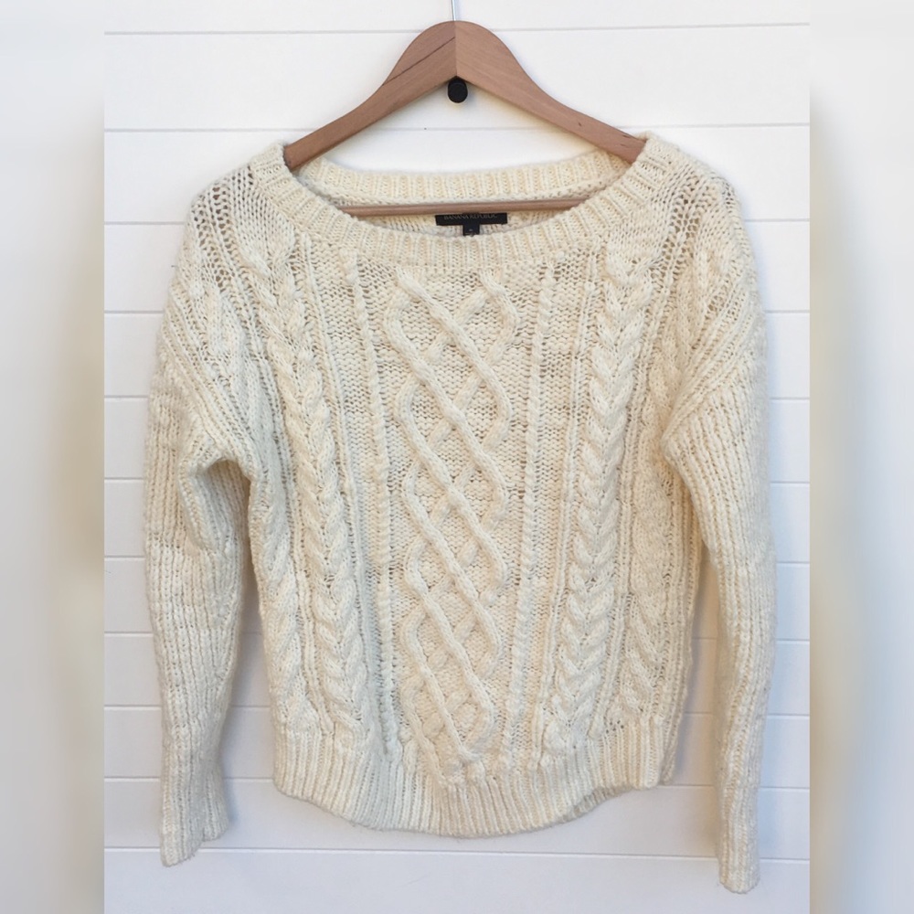 Banana Republic Wool Blend Chunky Cable Knit Fisherman Cream Sweater Thick